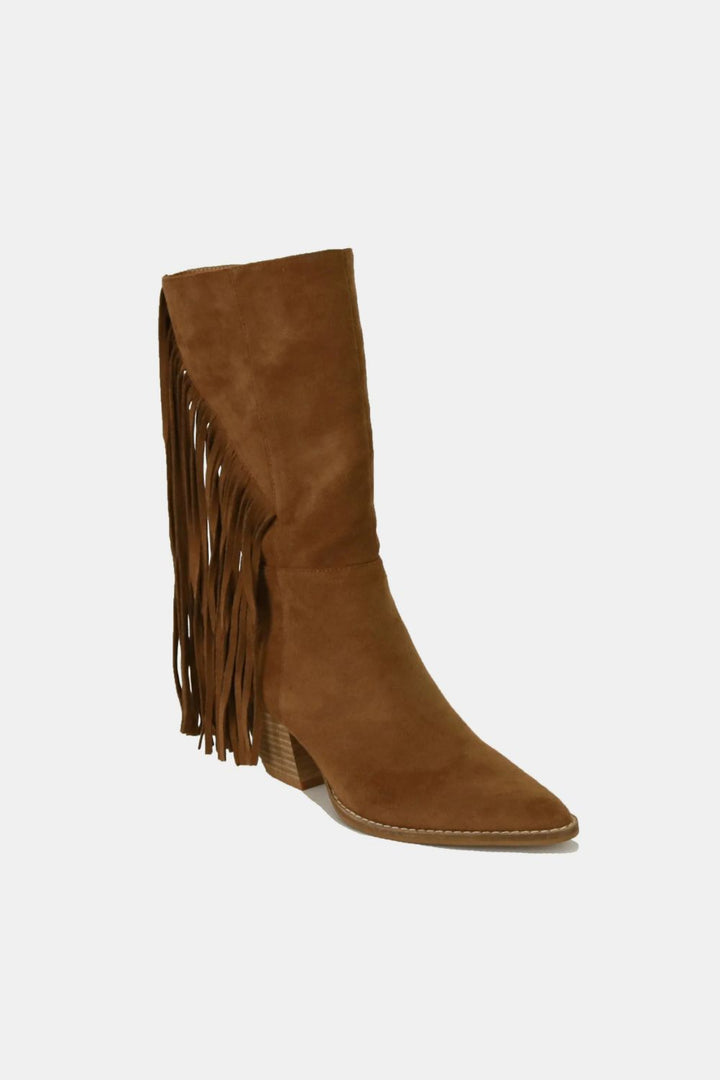 Suede Fringe Point Toe Boots in Coffee