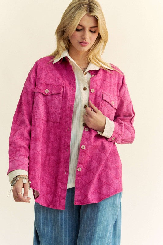 Diamond Quilted Shacket In Hot Pink