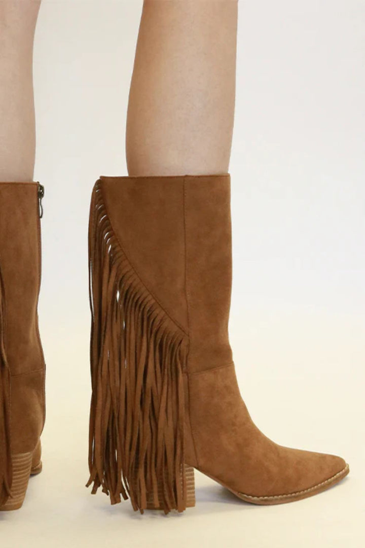 Suede Fringe Point Toe Boots in Coffee