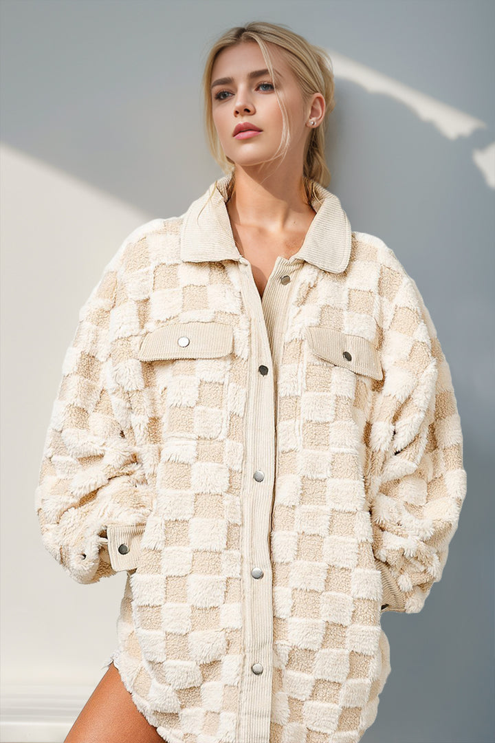 Fuzzy Checkered Shacket In Cream