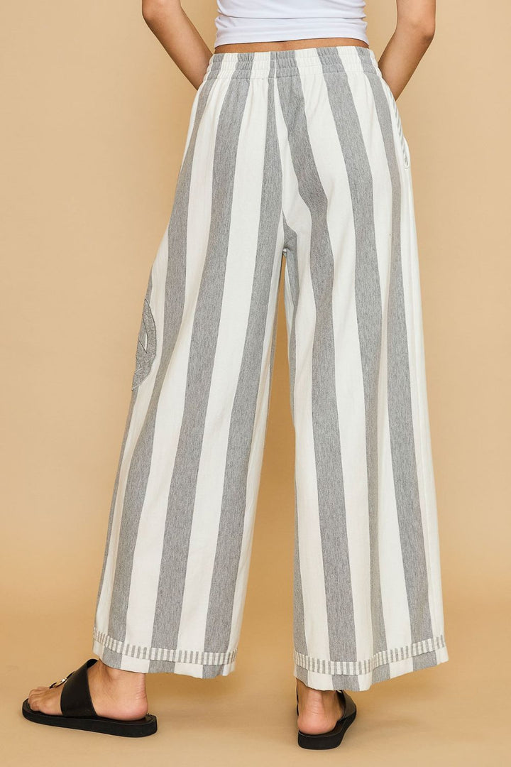Peace Sign Patch Striped Wide Leg Pants