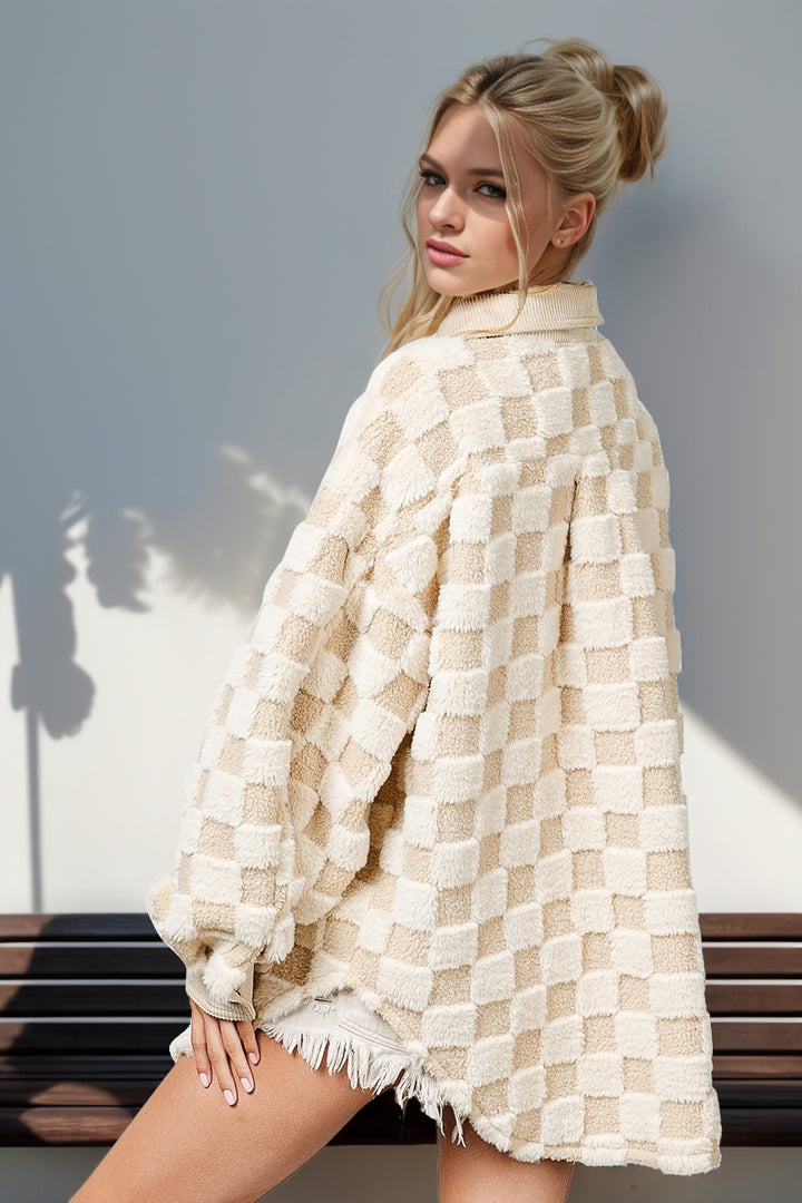 Fuzzy Checkered Shacket In Cream