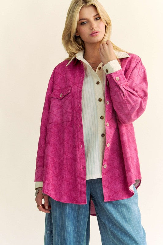 Diamond Quilted Shacket In Hot Pink