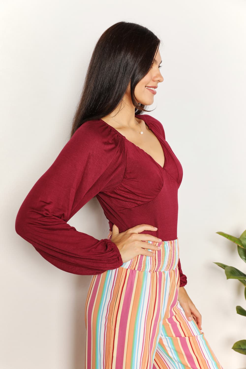 Full Size V-Neck Bodysuit In Burgundy