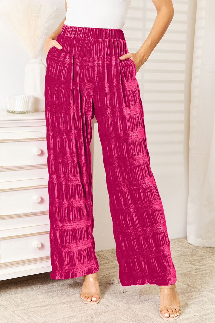Velvet Wide Leg Pants In Hot Pink