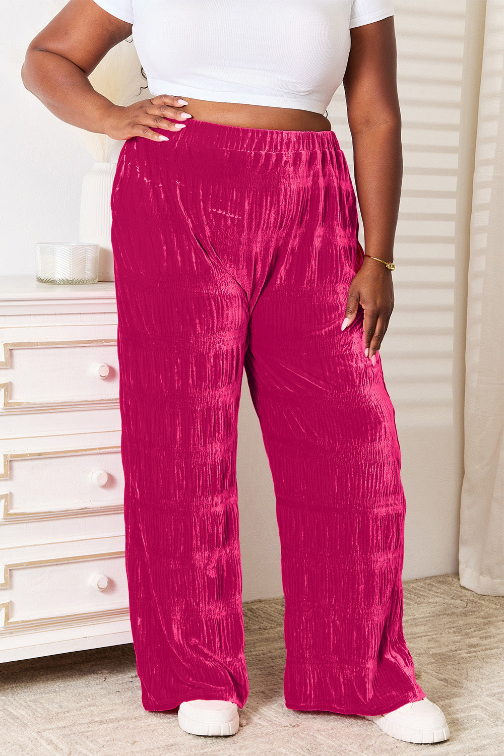 Velvet Wide Leg Pants In Hot Pink