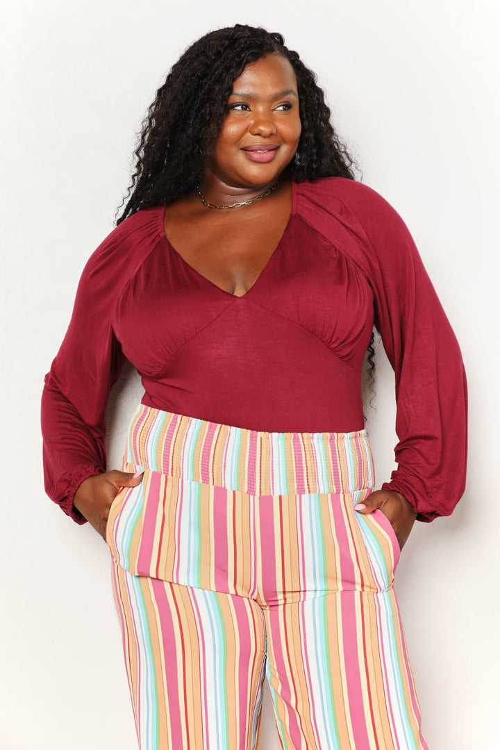 Full Size V-Neck Bodysuit In Burgundy