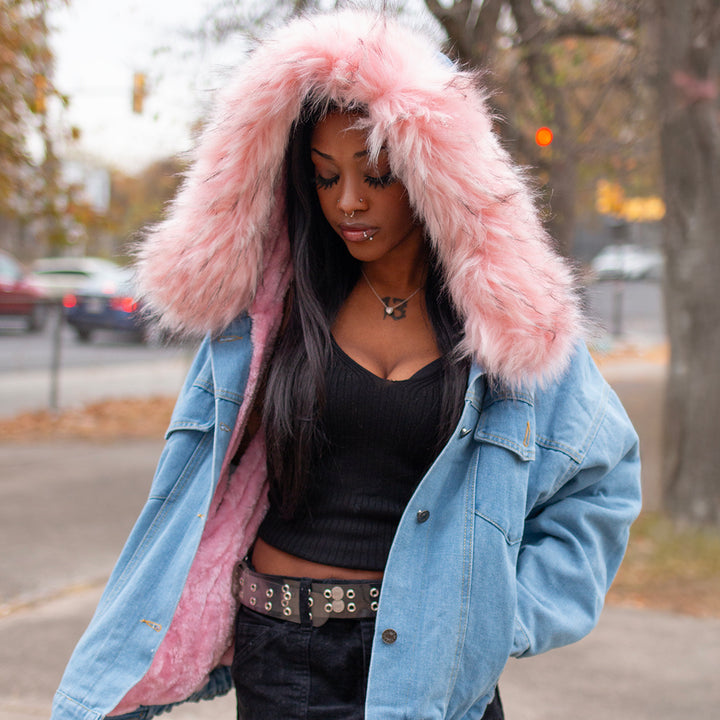 Hooded Faux Fur Denim Jacket