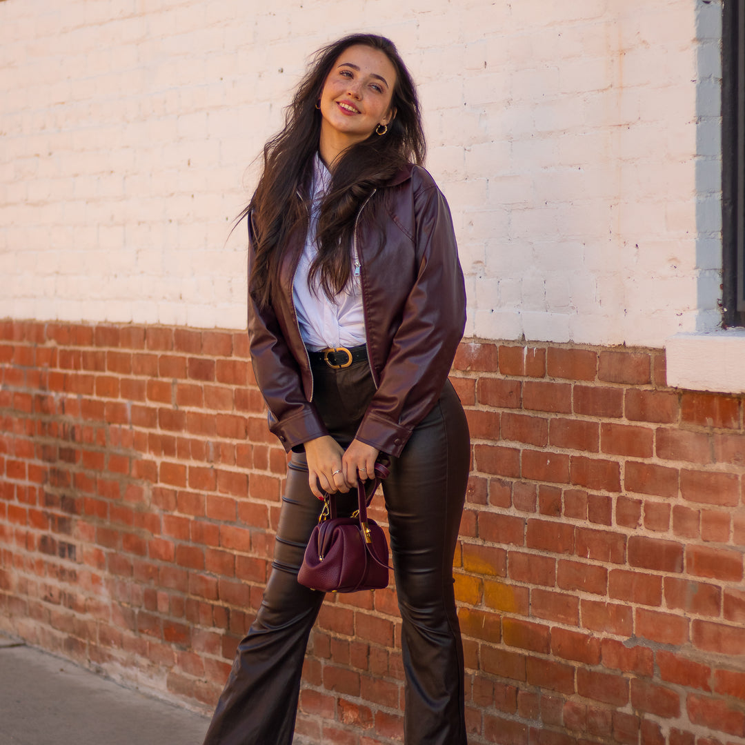 Vintage Lapel Leather Jacket in Burgundy