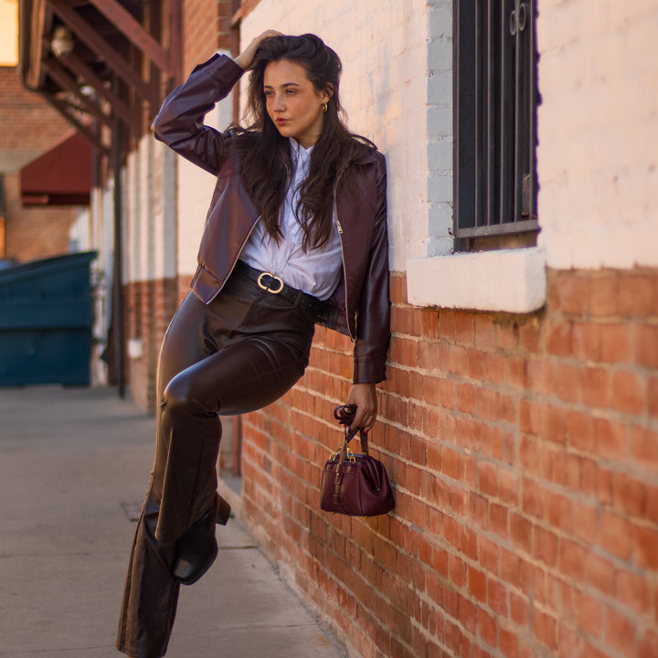 Vintage Lapel Leather Jacket in Burgundy