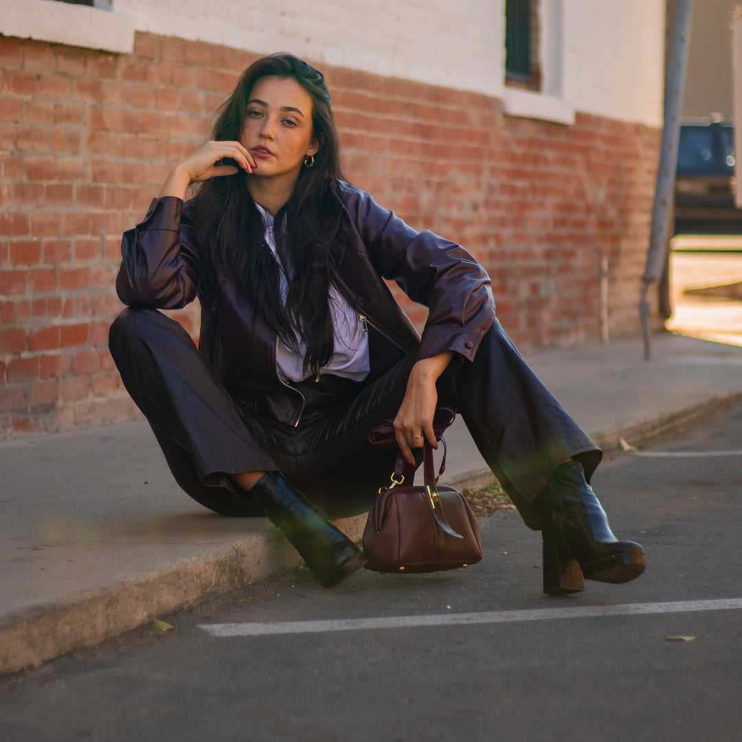 Vintage Lapel Leather Jacket in Burgundy