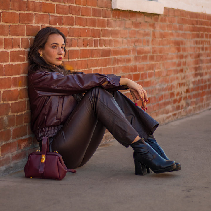 Vintage Lapel Leather Jacket in Burgundy