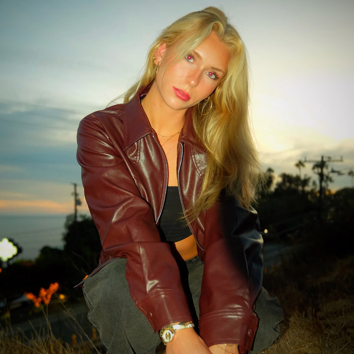 Vintage Lapel Leather Jacket in Burgundy