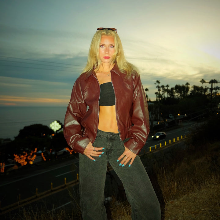 Vintage Lapel Leather Jacket in Burgundy