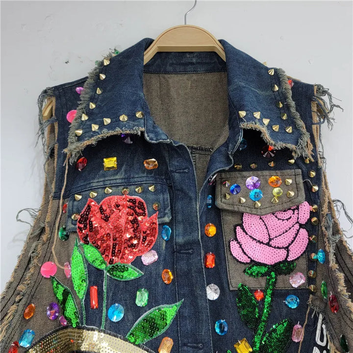 The “Rebel Rose” Frayed Denim Vest