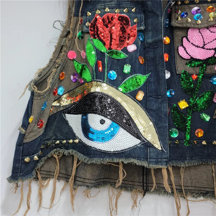 The “Rebel Rose” Frayed Denim Vest