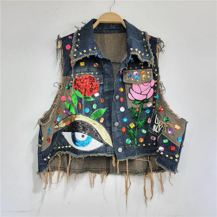 The “Rebel Rose” Frayed Denim Vest