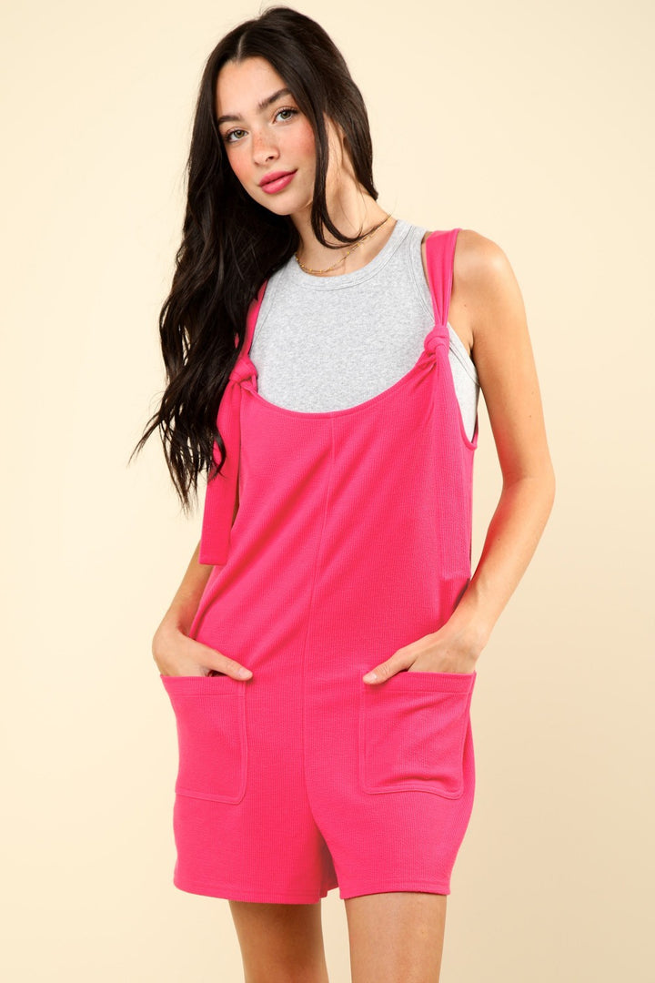Tie Shoulder Front Pocket Romper in Hot Pink