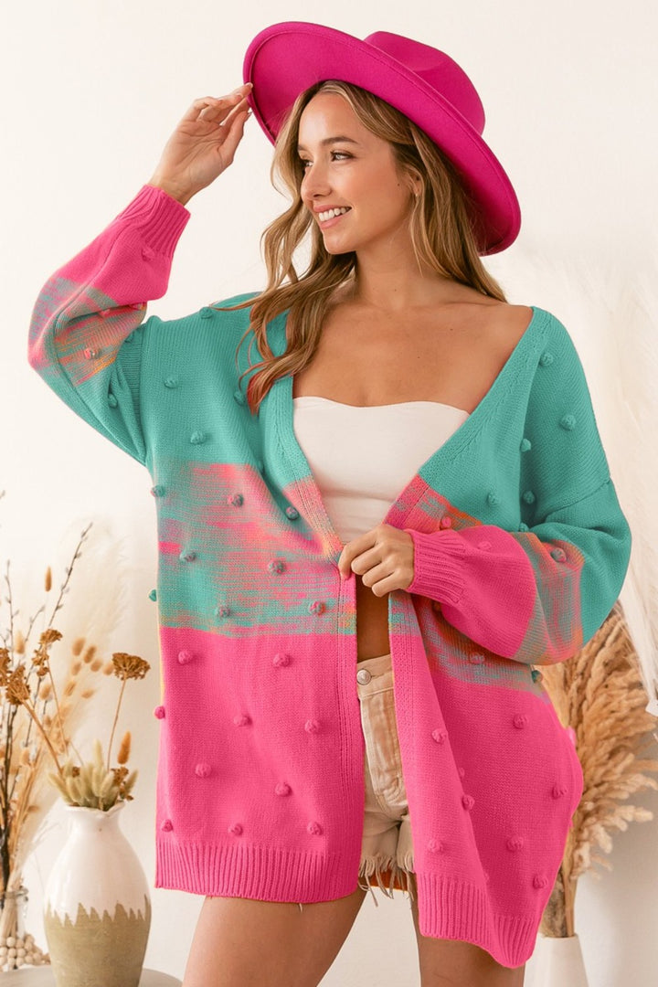 Pompom Cardigan In Turquoise & Pink