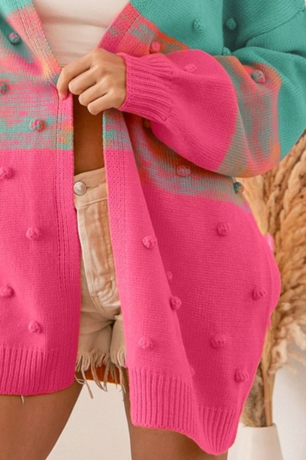 Pompom Cardigan In Turquoise & Pink