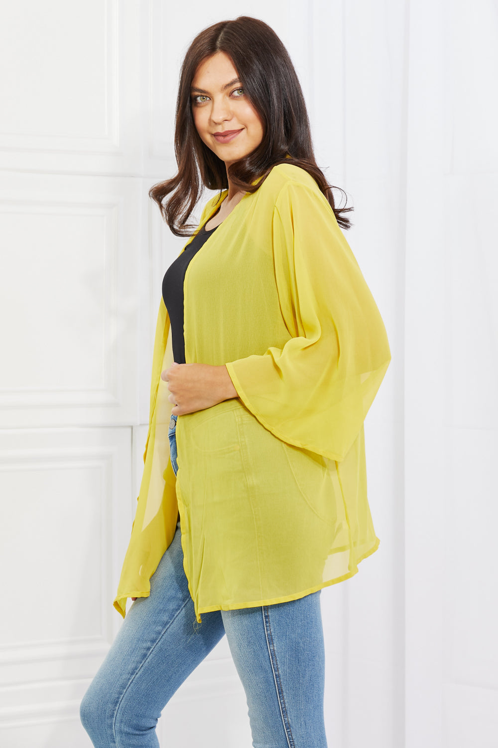 Full Size Chiffon Kimono in Yellow